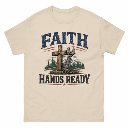 Sand vintage t-shirt with Faith Hands Ready printed front design