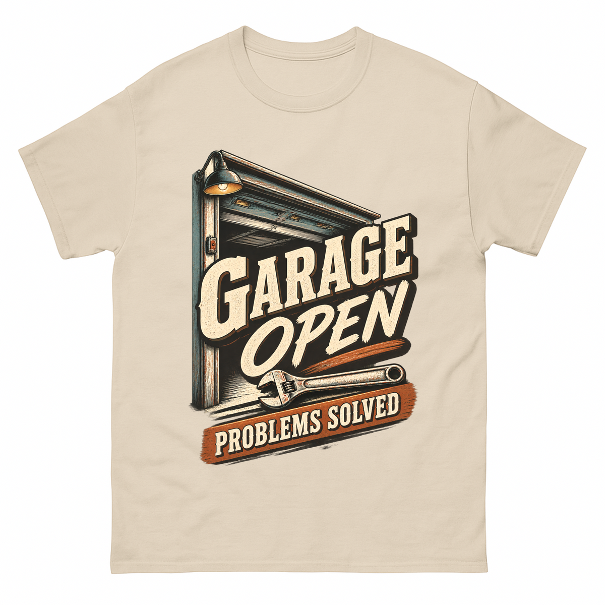 Sand vintage t-shirt with Garage Open Problems Solved printed front design