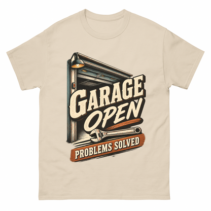 Sand vintage t-shirt with Garage Open Problems Solved printed front design