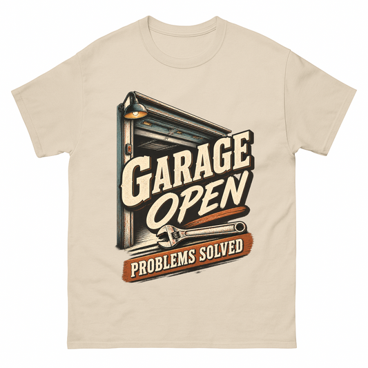 Sand vintage t-shirt with Garage Open Problems Solved printed front design