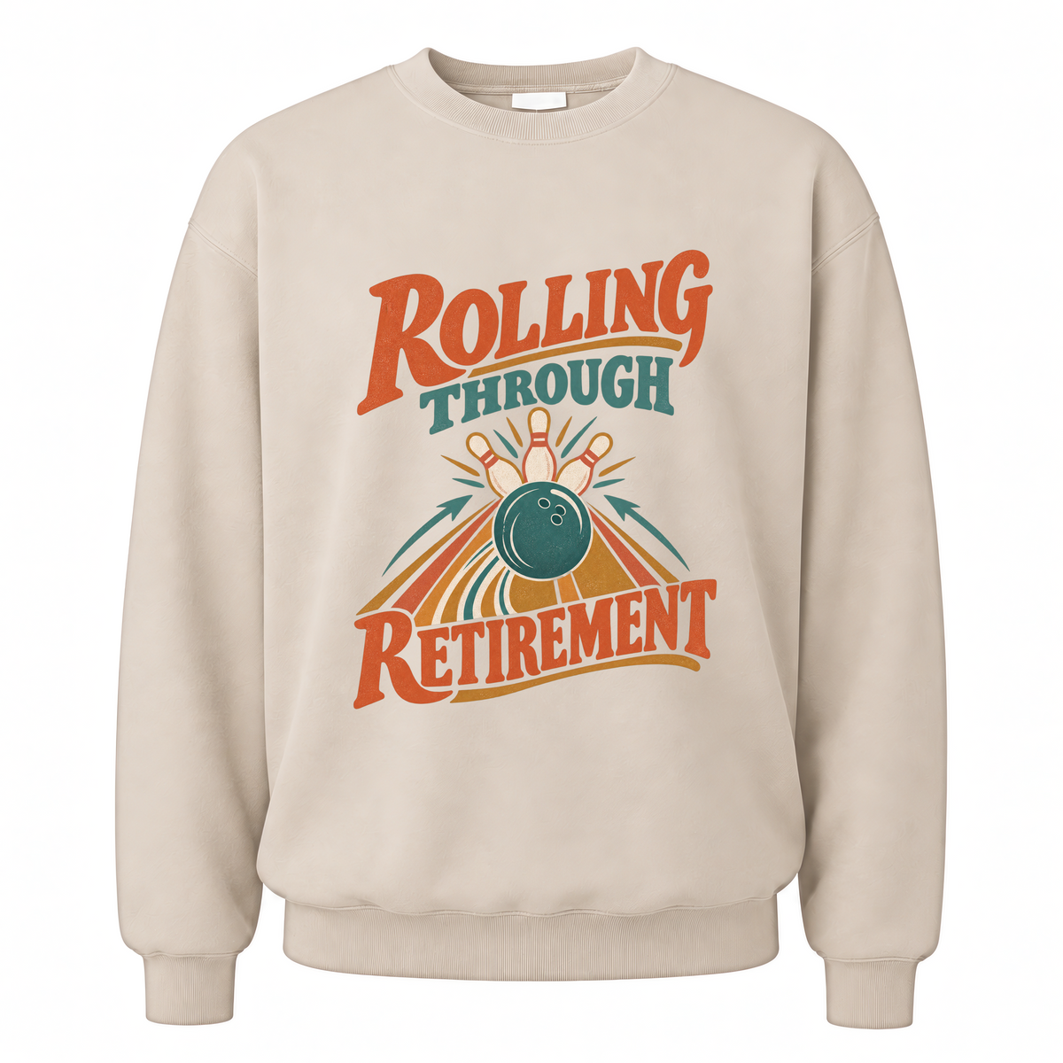 Sand vintage sweatshirt with Rolling Through Retirement printed front design