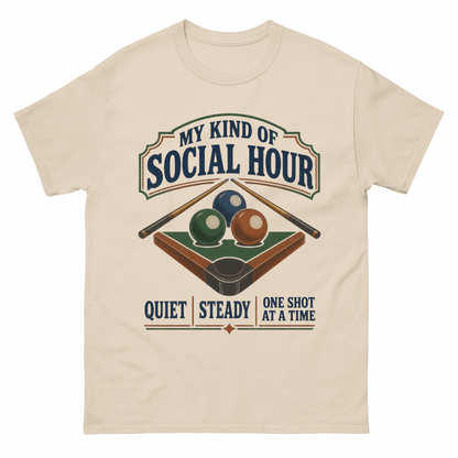 Sand vintage t-shirt with My Kind Of Social Hour. Quiet Steady One Shot At A Time printed front design