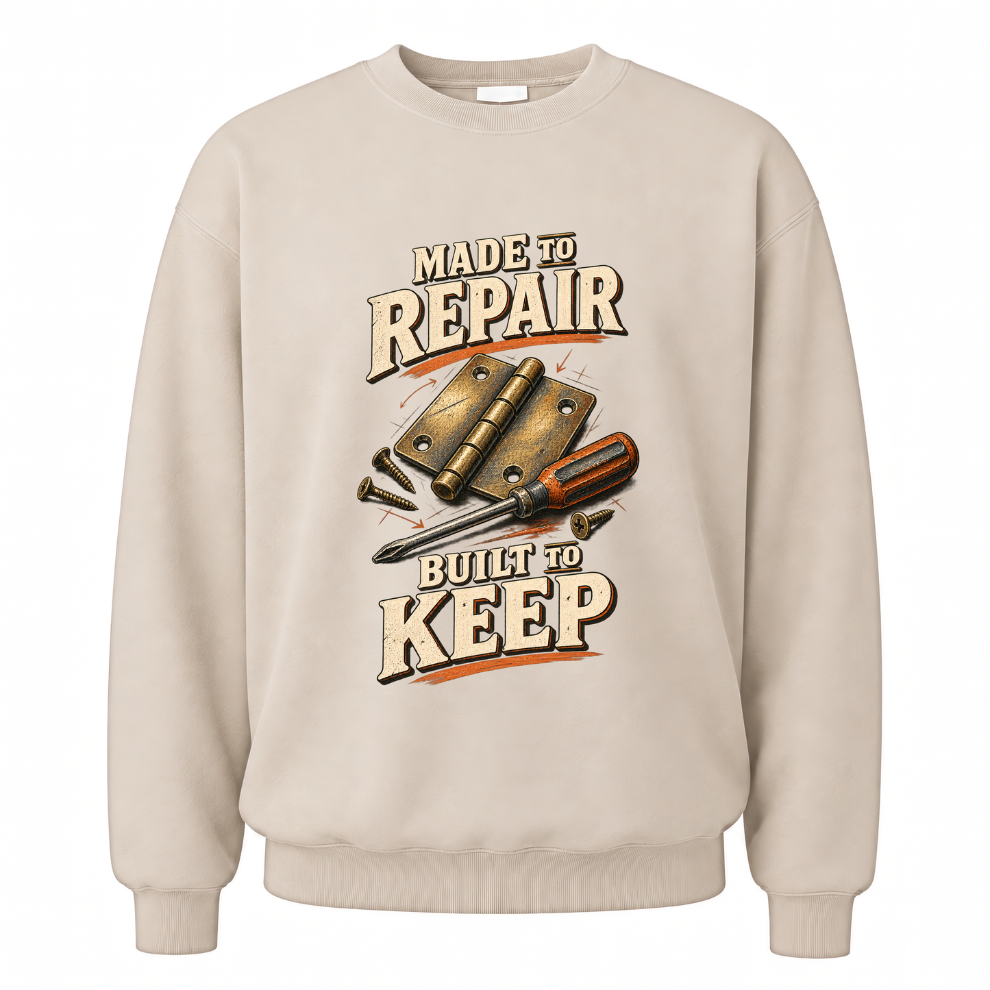 Sand vintage sweatshirt with Made To Repair. Built To Keep printed front design
