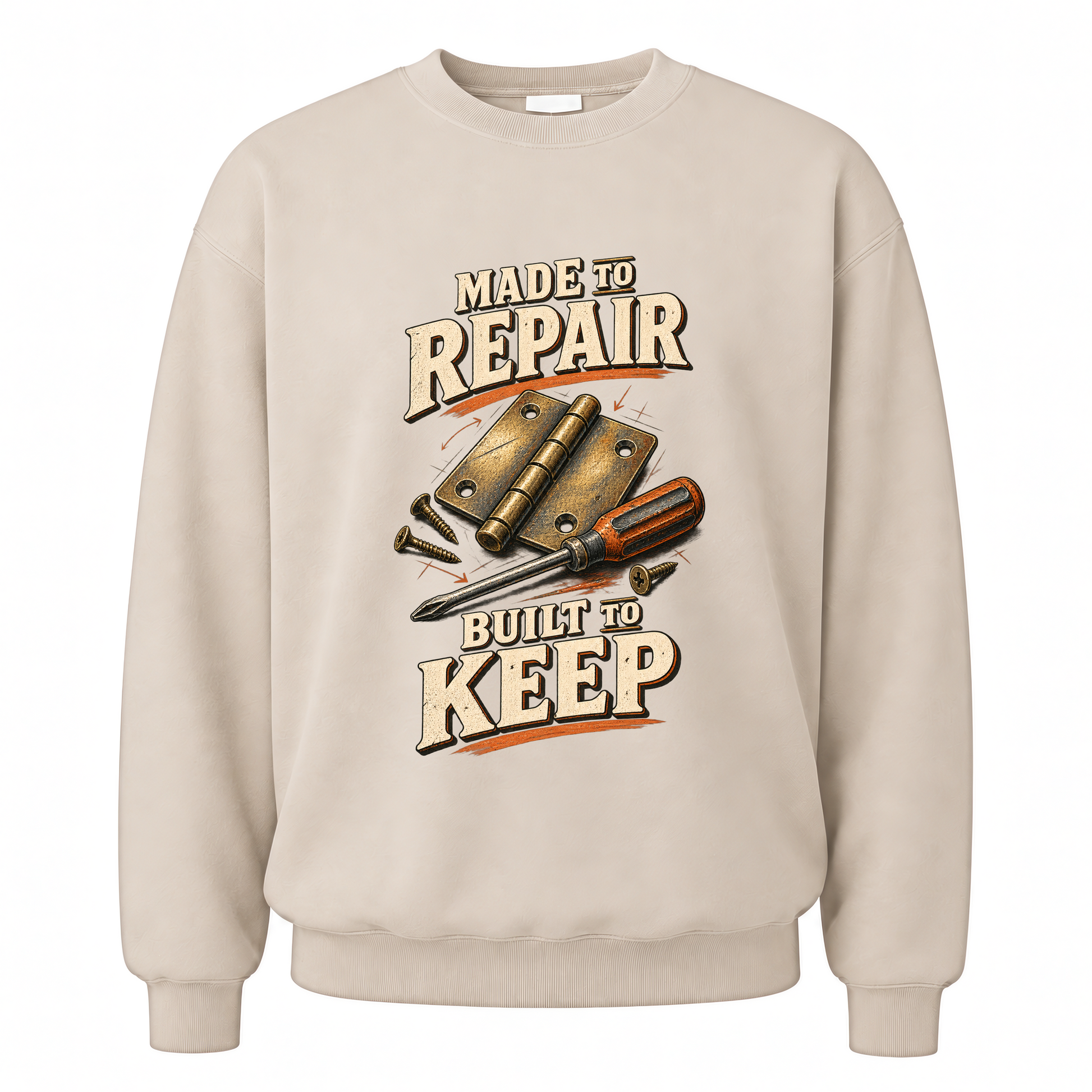 Sand vintage sweatshirt with Made To Repair. Built To Keep printed front design
