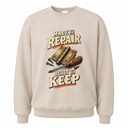 Sand vintage sweatshirt with Made To Repair. Built To Keep printed front design