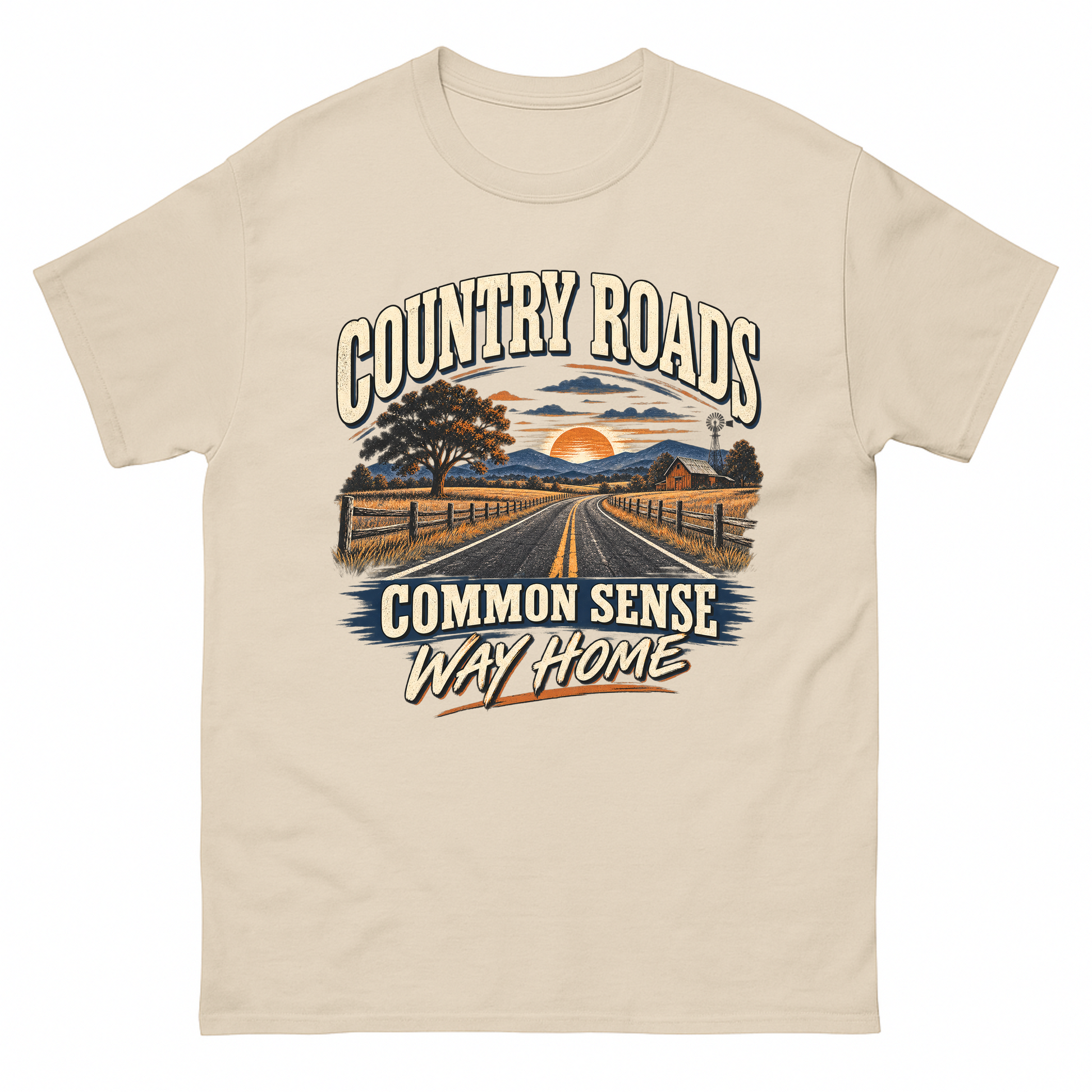 Sand vintage t-shirt with Country Roads. Common Sense Way Home printed front design