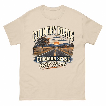 Sand vintage t-shirt with Country Roads. Common Sense Way Home printed front design