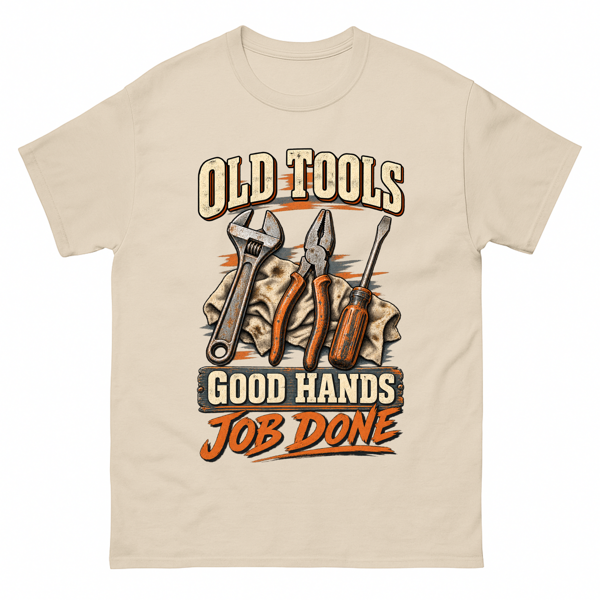 Sand vintage t-shirt with Old Tools Good Hands Job Done printed front design