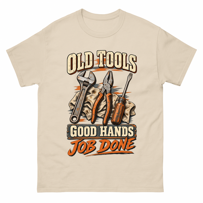 Sand vintage t-shirt with Old Tools Good Hands Job Done printed front design