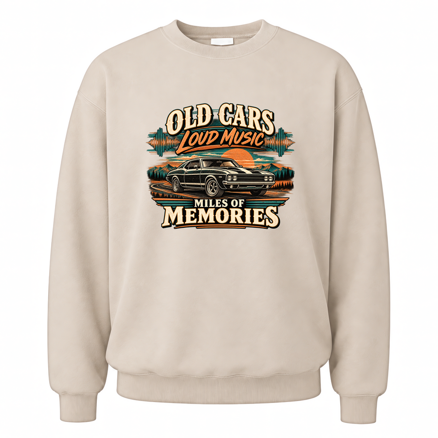 Sand vintage sweatshirt with Old Cars. Loud Music. Miles Of Memories printed front design