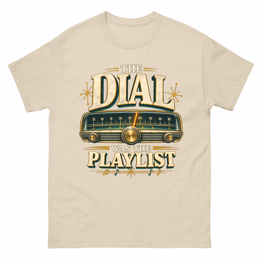 Sand vintage t-shirt with The Dial Was The Playlist printed front design