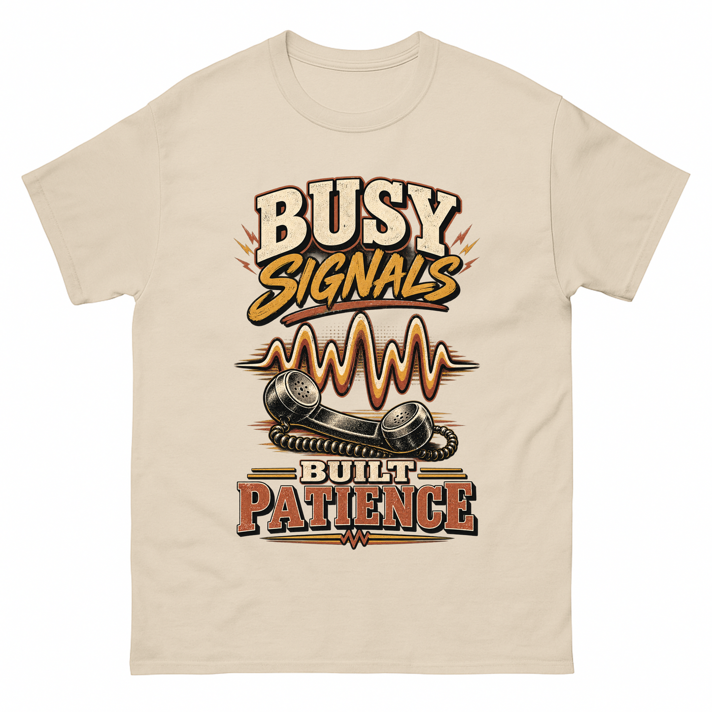 Sand vintage t-shirt with Busy Signals Built Patience printed front design