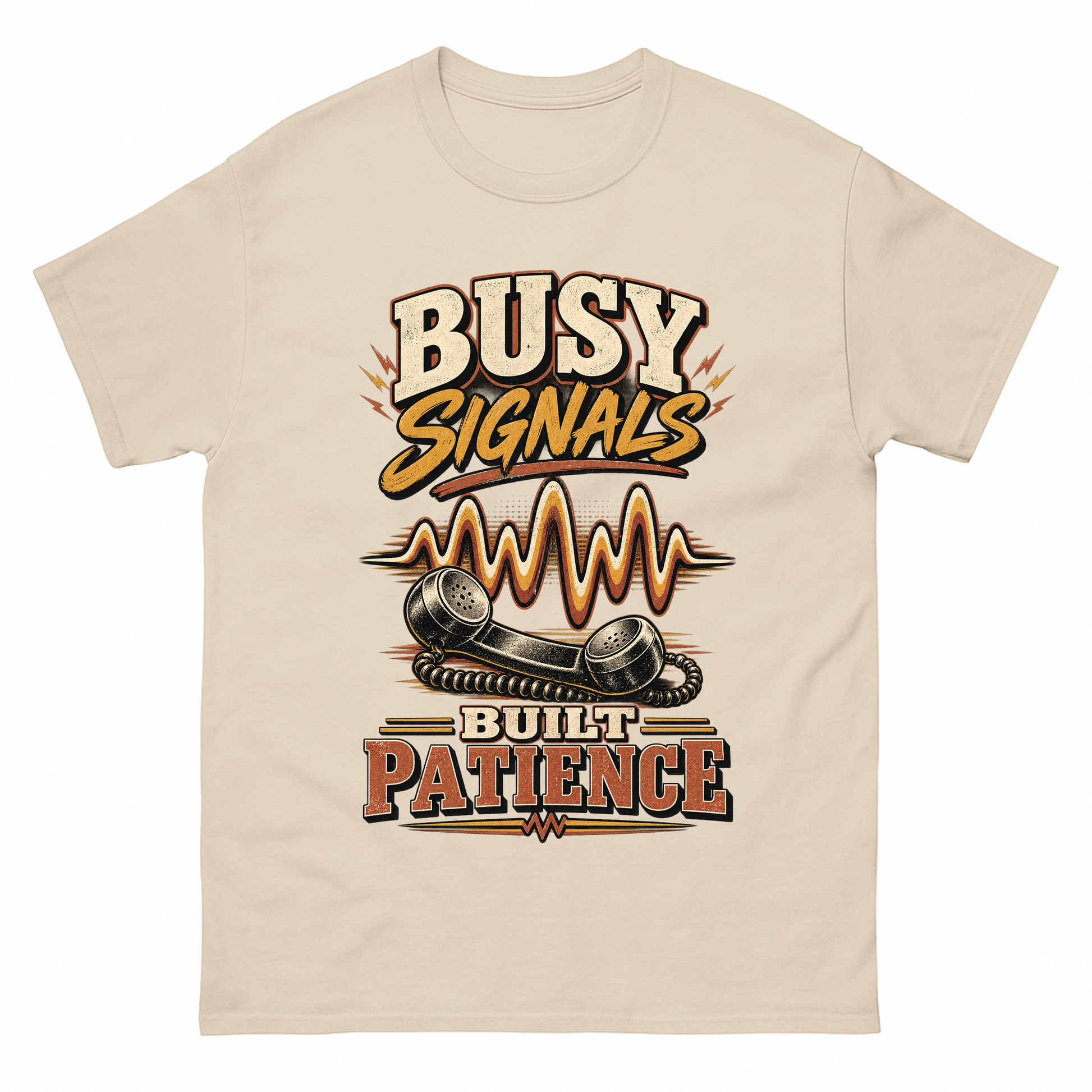 Sand vintage t-shirt with Busy Signals Built Patience printed front design