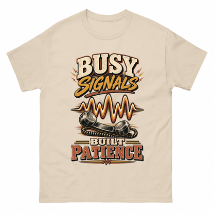 Sand vintage t-shirt with Busy Signals Built Patience printed front design