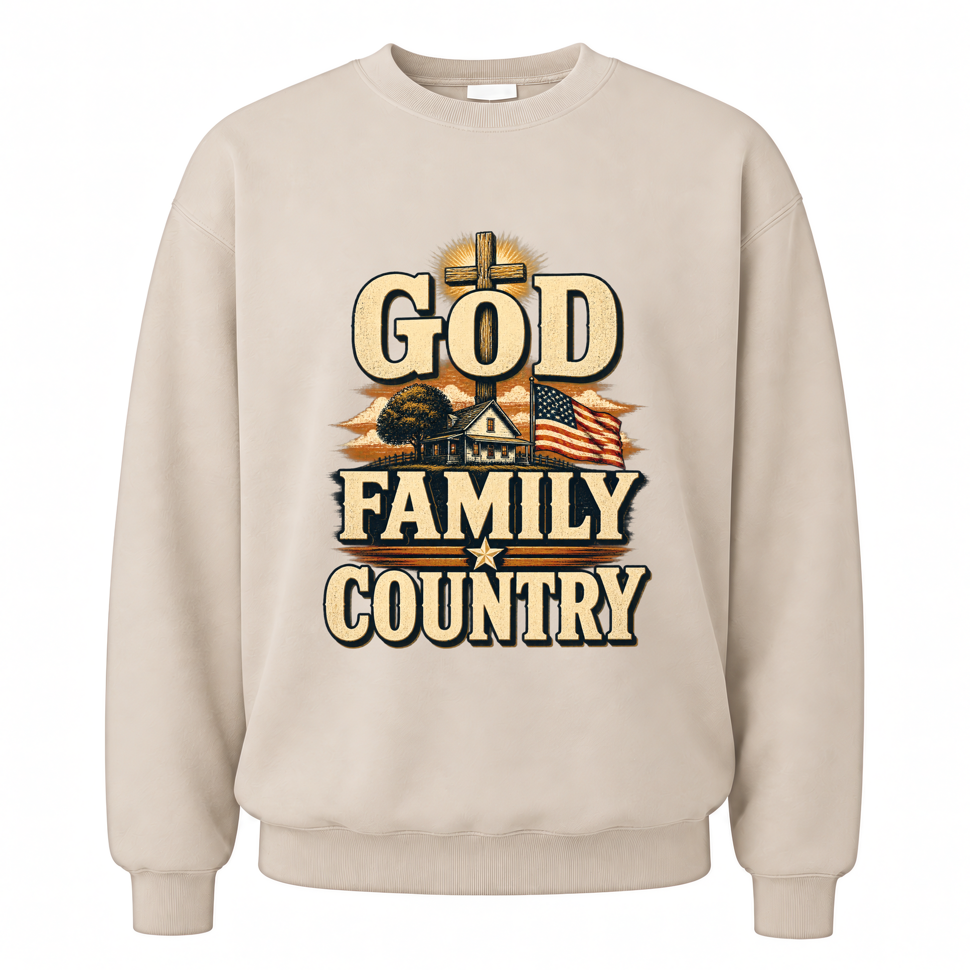 Sand vintage sweatshirt with God Family Country printed front design