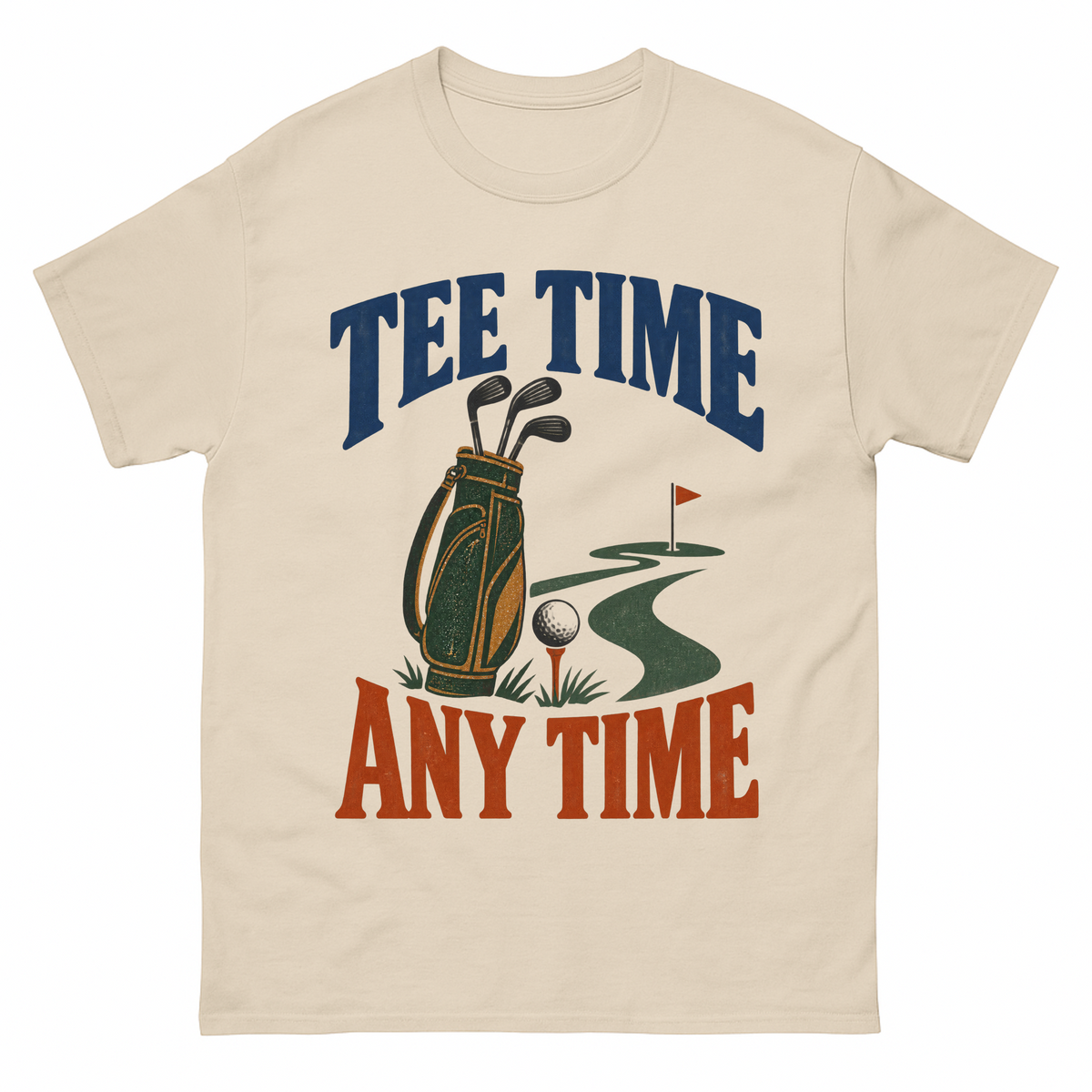 Sand vintage t-shirt with Tee Time Any Time printed front design