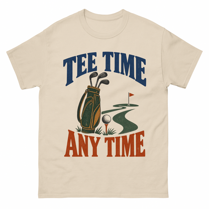 Sand vintage t-shirt with Tee Time Any Time printed front design