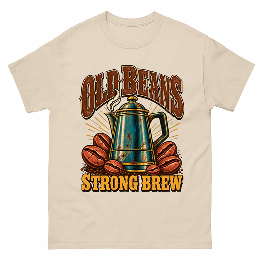Sand vintage t-shirt with Old Beans Strong Brew printed front design