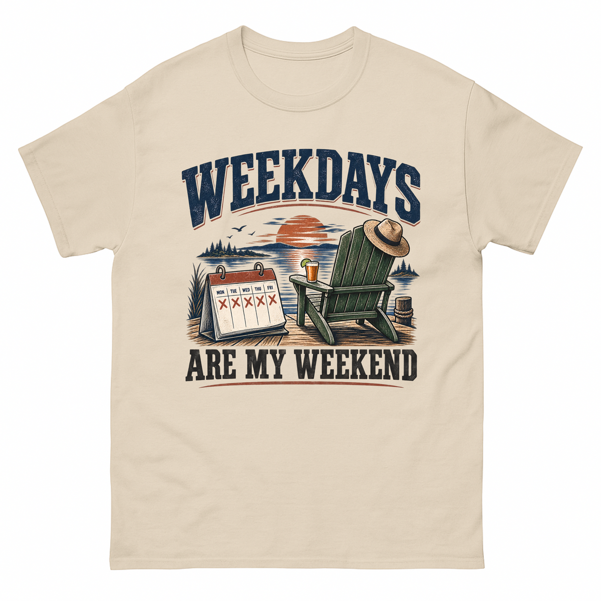 Sand vintage t-shirt with Weekdays Are My Weekend printed front design