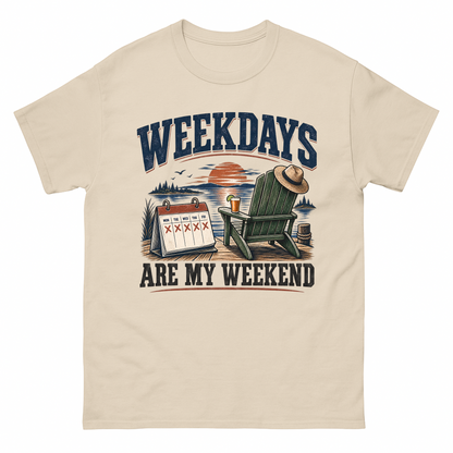 Sand vintage t-shirt with Weekdays Are My Weekend printed front design