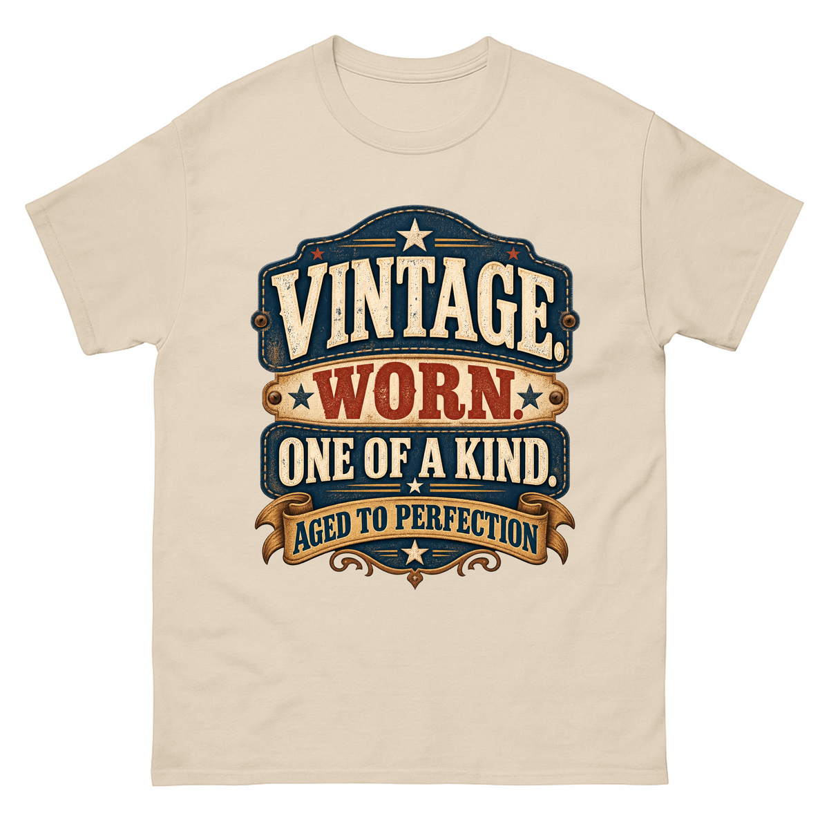 Cream T-shirt with vintage worn one of a kind badge design