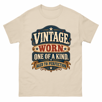 Cream T-shirt with vintage worn one of a kind badge design