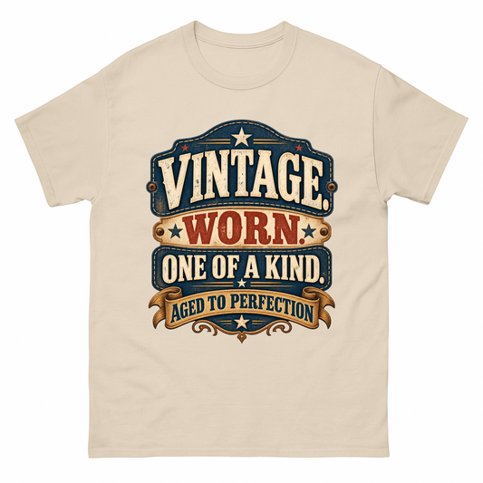 Cream T-shirt with vintage worn one of a kind badge design