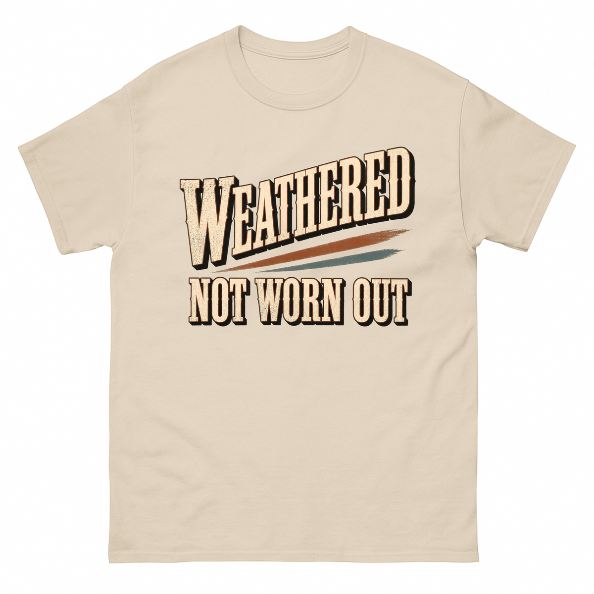 Sand vintage t-shirt with Weathered Not Worn Out printed front design