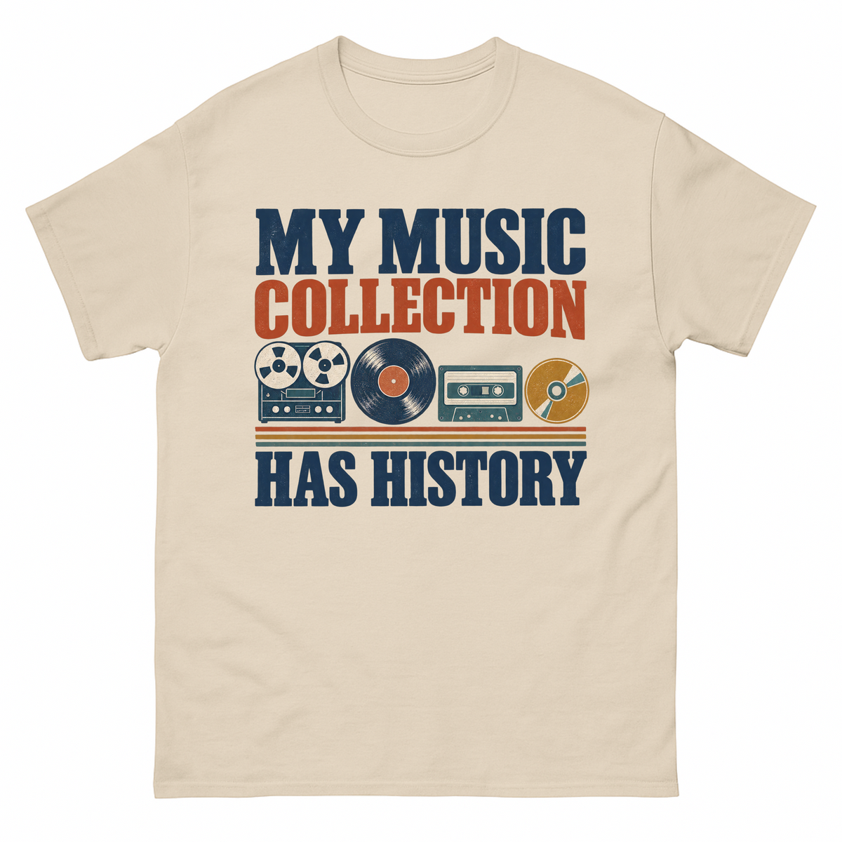 Sand vintage t-shirt with My Music Collection Has History printed front design