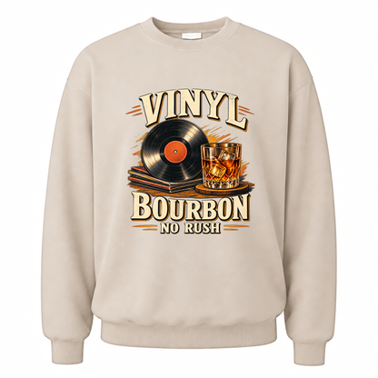 Sand vintage sweatshirt with Vinyl Bourbon. No Rush printed front design