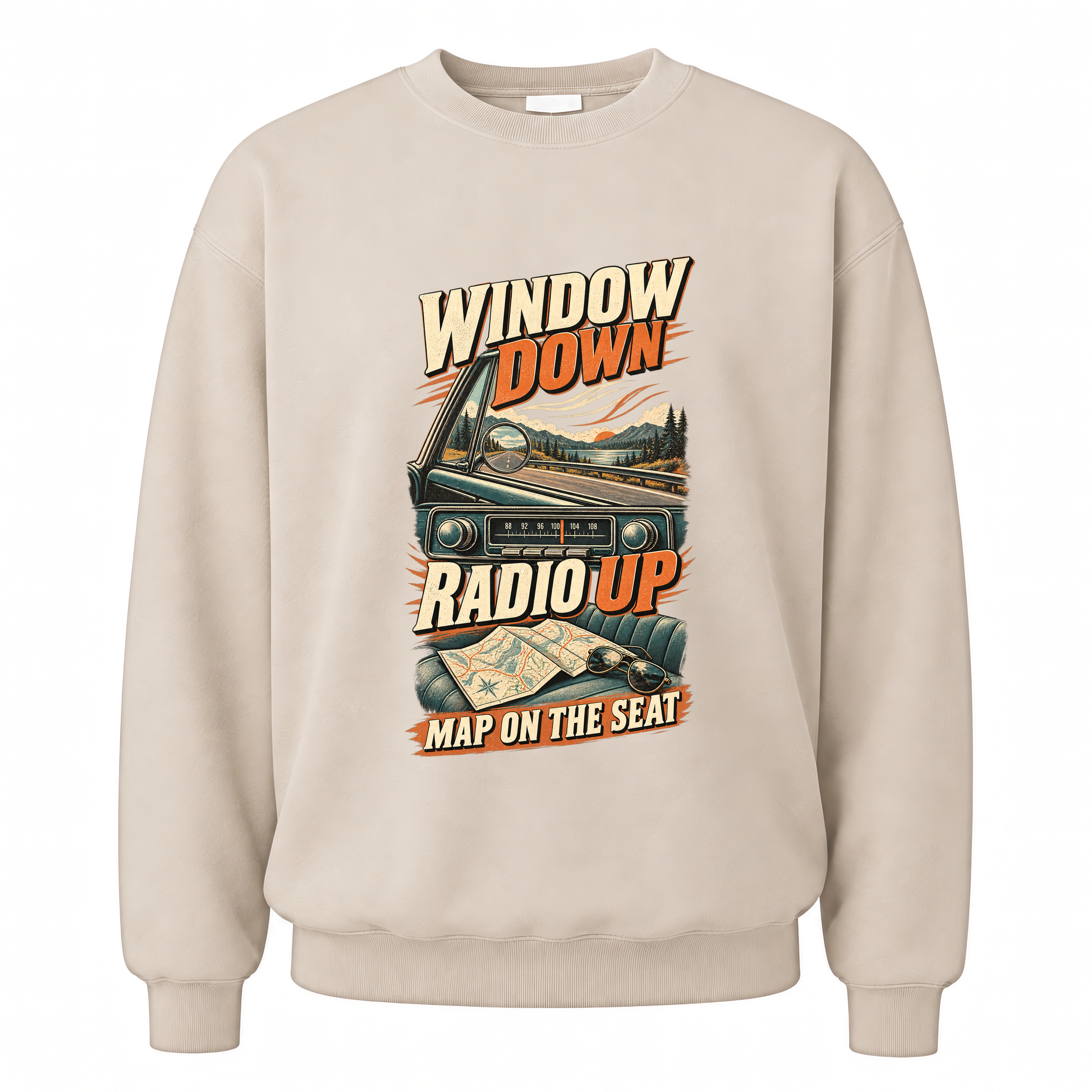 Sand vintage sweatshirt with Window Down Radio Up. Map On The Seat printed front design