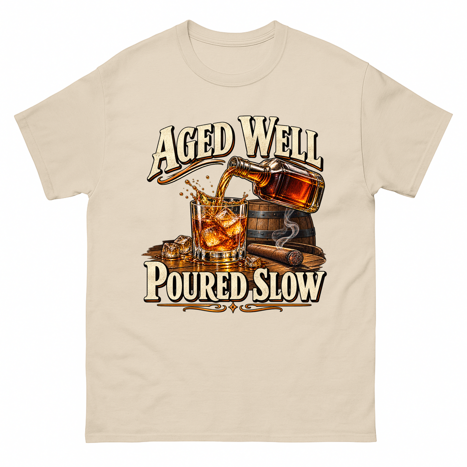 Sand vintage t-shirt with Aged Well. Poured Slow printed front design