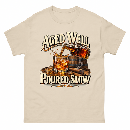 Sand vintage t-shirt with Aged Well. Poured Slow printed front design