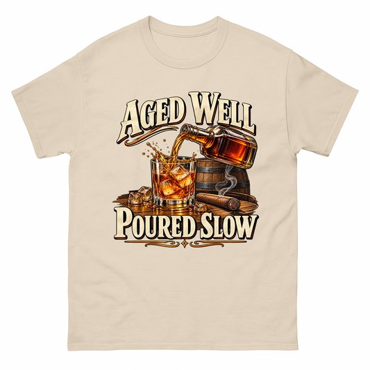 Sand vintage t-shirt with Aged Well. Poured Slow printed front design