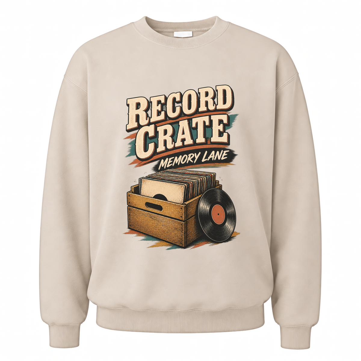 Sand vintage sweatshirt with Record Crate Memory Lane printed front design