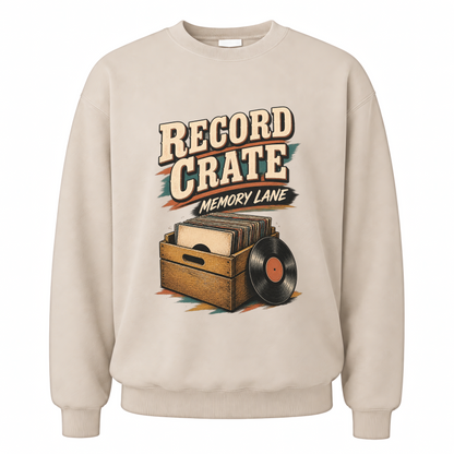 Sand vintage sweatshirt with Record Crate Memory Lane printed front design