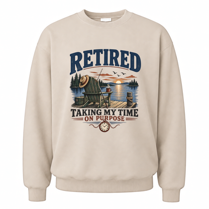Sand vintage sweatshirt with Retired Taking My Time On Purpose Taking My Time On Purpose printed front design