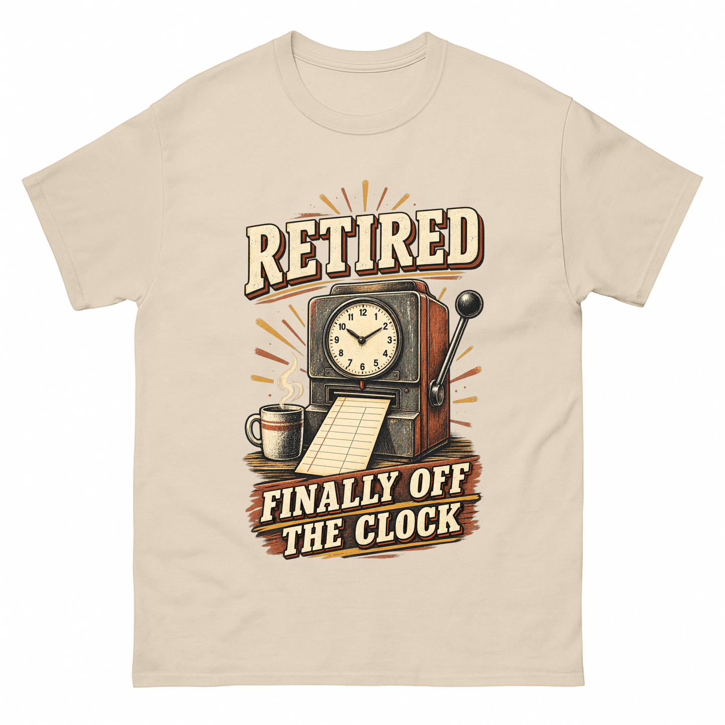 Sand vintage t-shirt with Retired Finally Off The Clock printed front design