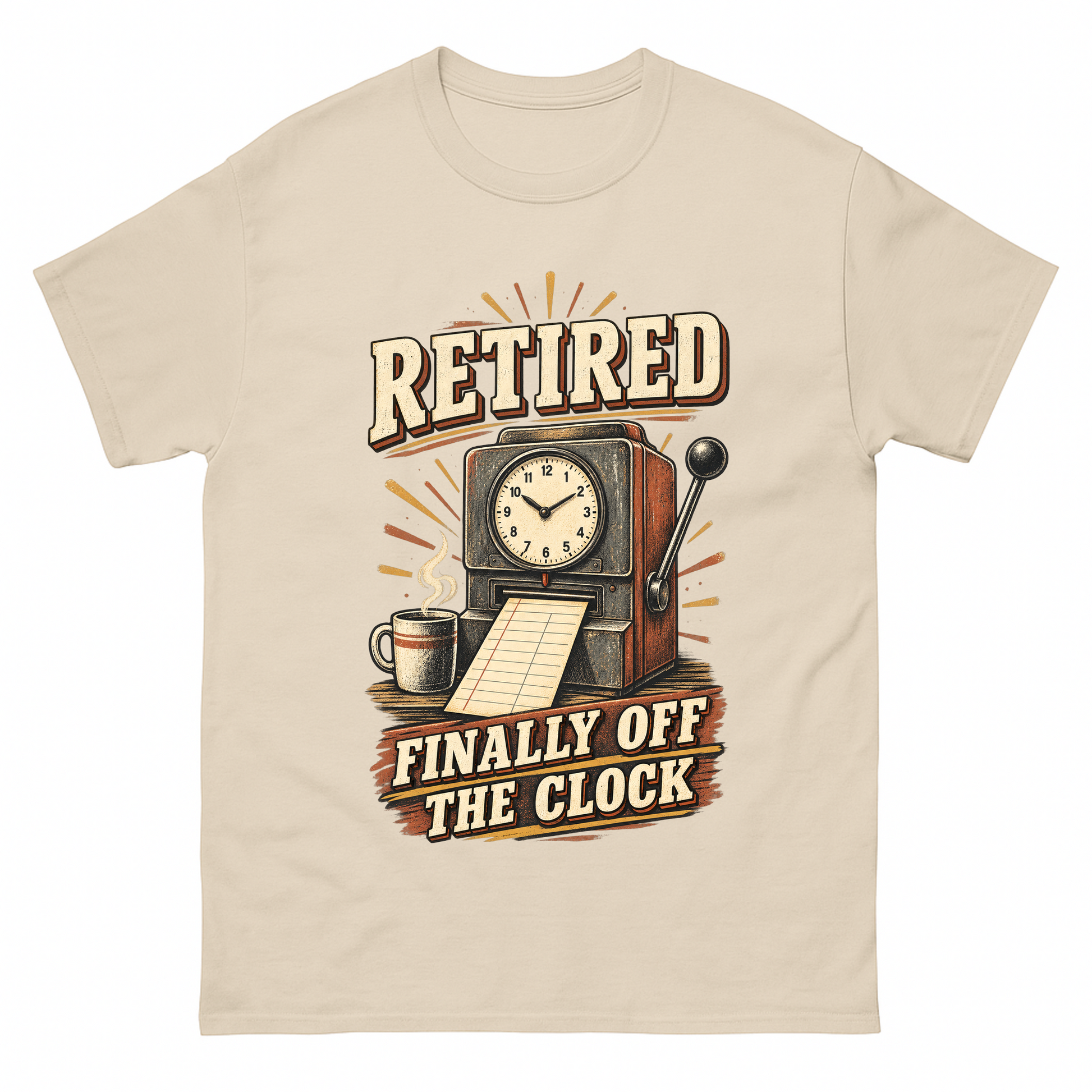 Sand vintage t-shirt with Retired Finally Off The Clock printed front design