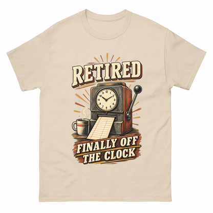 Sand vintage t-shirt with Retired Finally Off The Clock printed front design