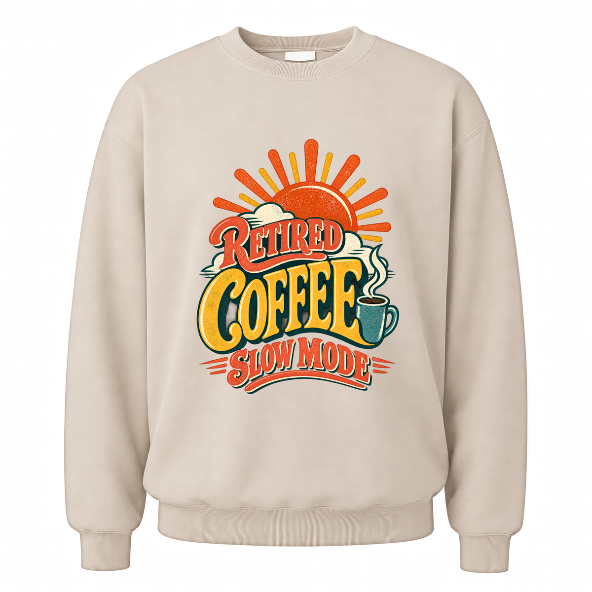 Sand vintage sweatshirt with Retired Coffee Slow Mode printed front design