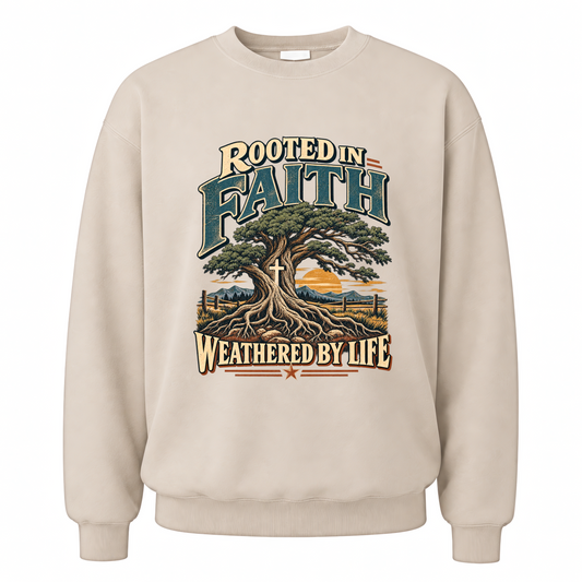 Sand vintage sweatshirt with Rooted In Faith Weathered By Life printed front design