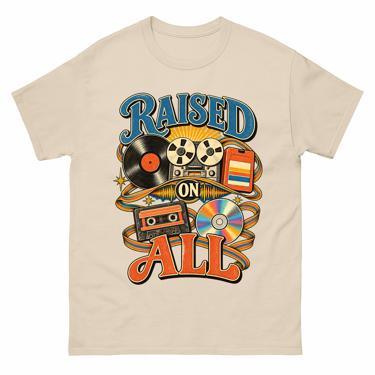 Sand vintage t-shirt with Raised On All printed front design