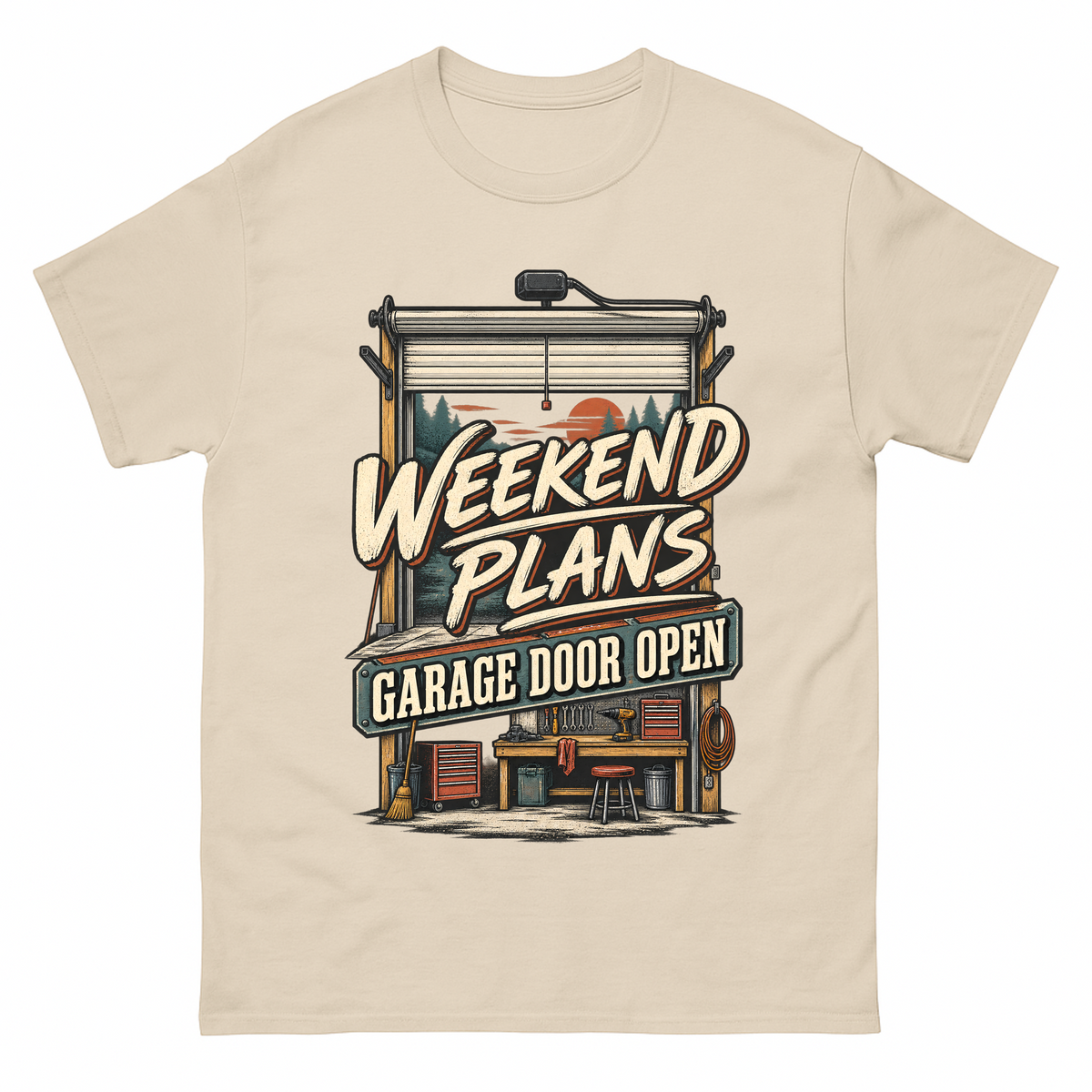 Sand vintage t-shirt with Weekend Plans. Garage Door Open printed front design