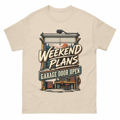 Sand vintage t-shirt with Weekend Plans. Garage Door Open printed front design