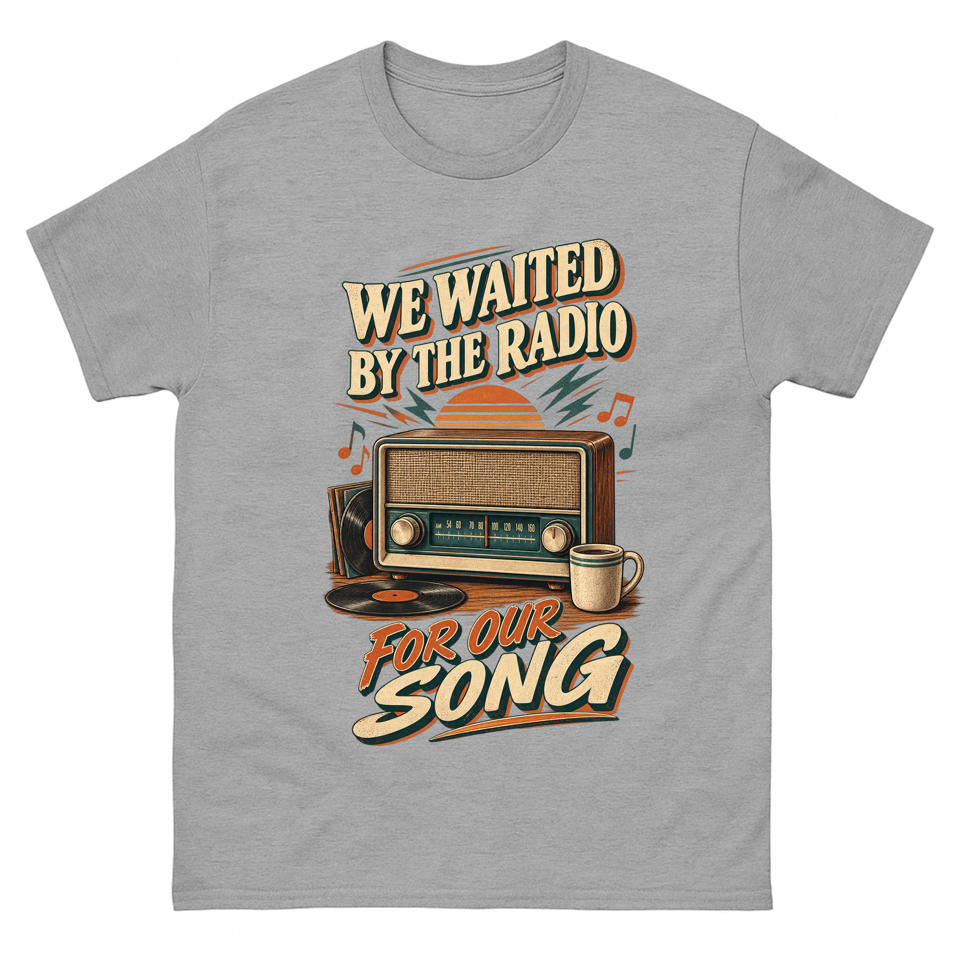 Sport Grey vintage t-shirt with We Waited By The Radio For Our Song printed front design