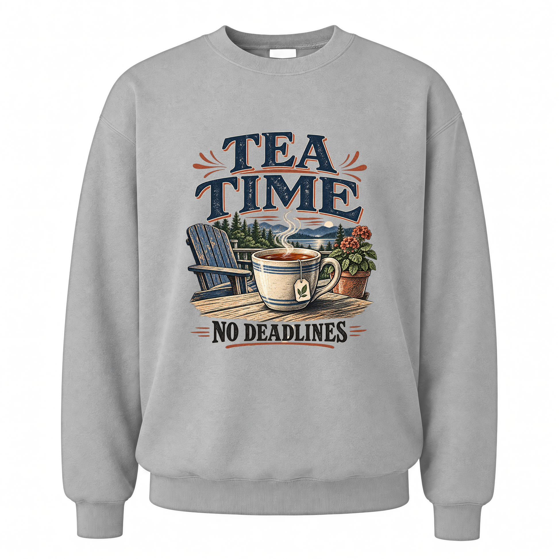 Sport Grey vintage sweatshirt with Tea Time. No Deadlines printed front design