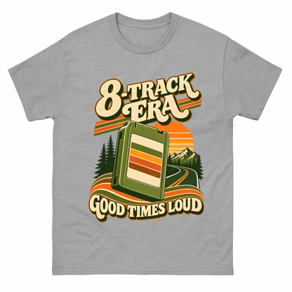 Sport Grey vintage t-shirt with 8-Track Era Good Times Loud printed front design