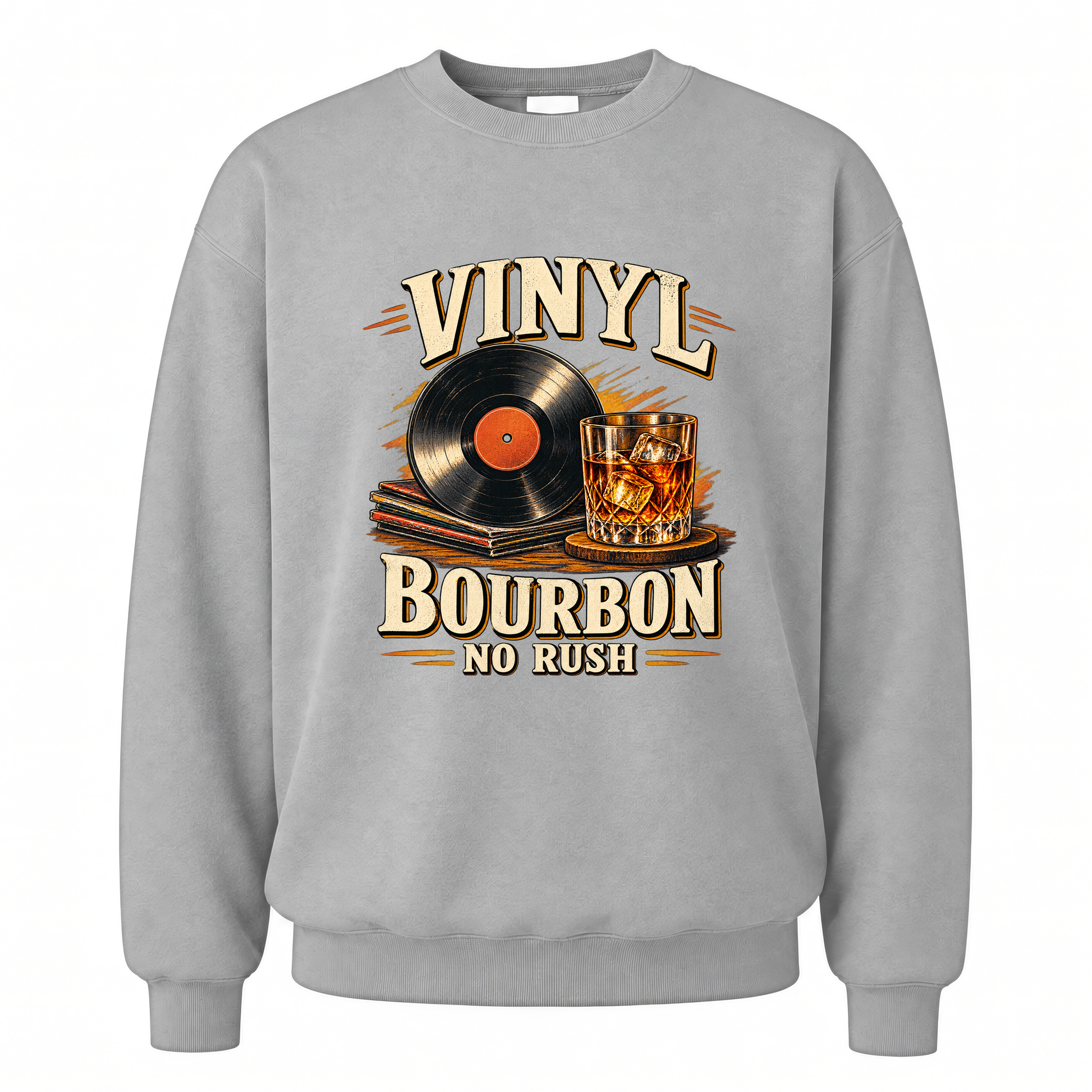 Sport Grey vintage sweatshirt with Vinyl Bourbon. No Rush printed front design