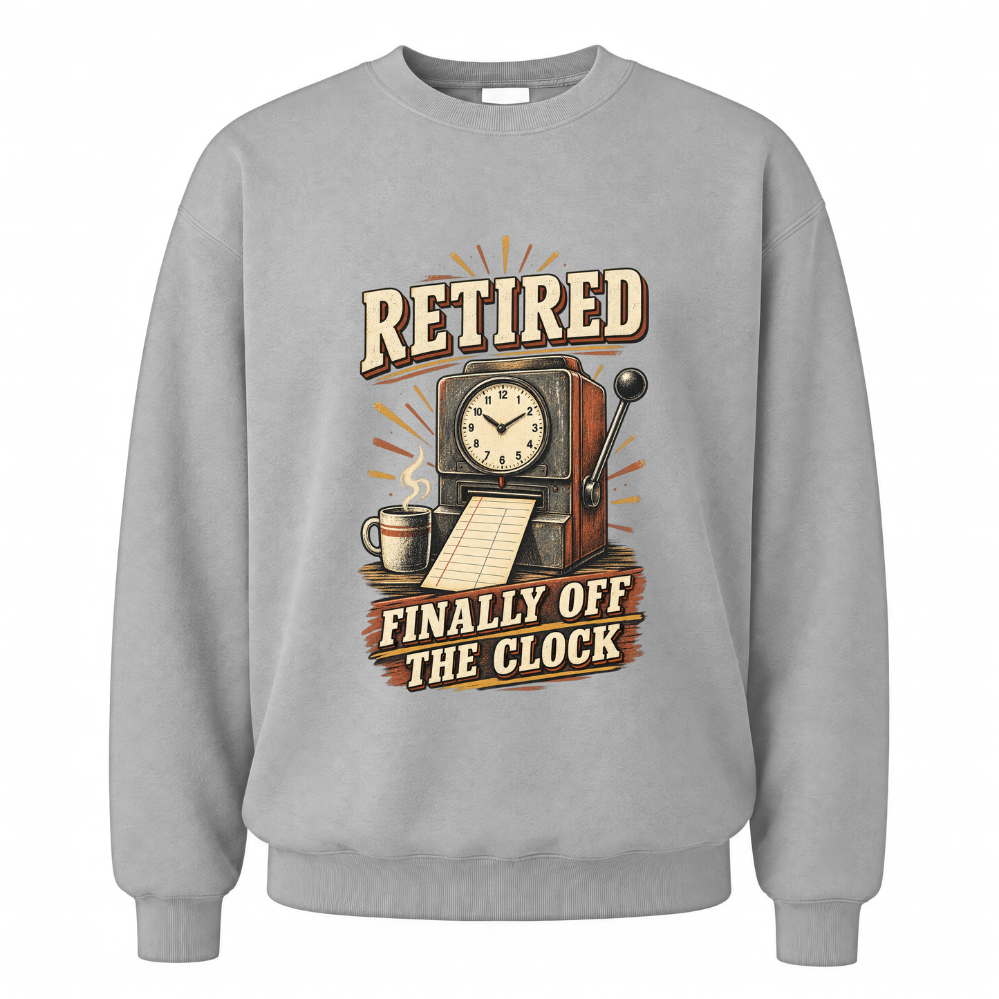Sport Grey vintage sweatshirt with Retired Finally Off The Clock printed front design
